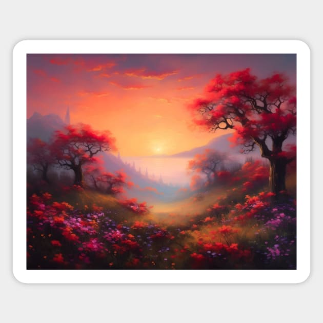 Spring landscape with a beautiful flowering trees. Sticker by osadchyii